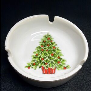 George Good Christmas Tree Ashtray‎ Vintage Japan White Gold Trim Small Ceramic